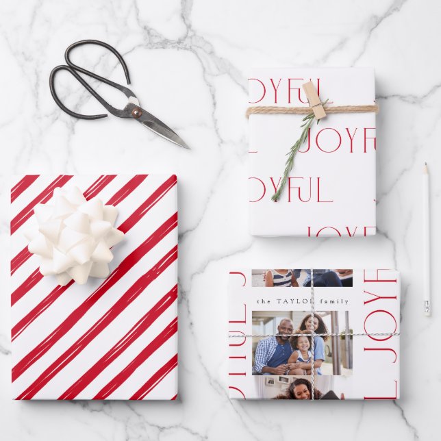 Modern Minimal Red Stripes Joyful Photo Christmas Wrapping Paper Sheets (Front)