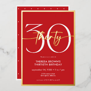Modern Minimal Red Thirty Script Birthday Foil Invitation