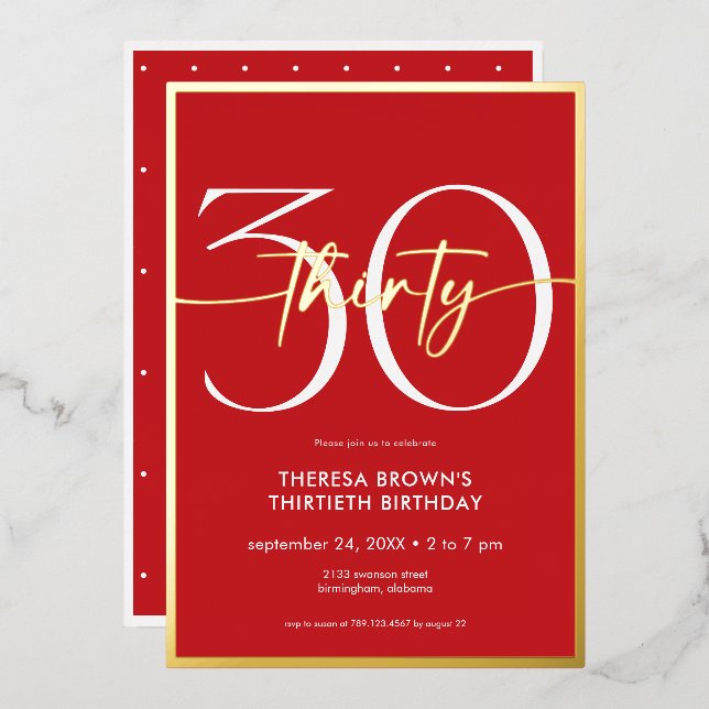 Modern Minimal Red Thirty Script Birthday Foil Invitation (Front/Back)