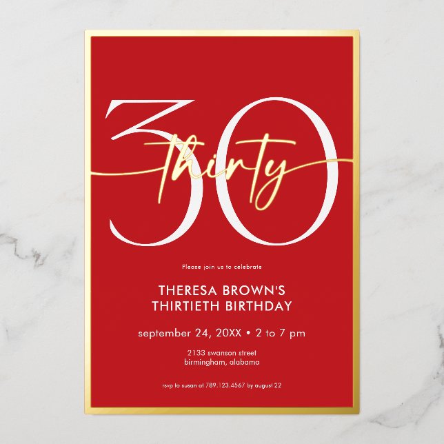 Modern Minimal Red Thirty Script Birthday Foil Invitation (Front)