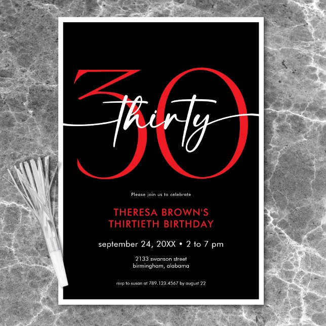 Modern Minimal Red Thirty Script Birthday Invitation (Modern Minimal Red Thirty Script Birthday Invitation)