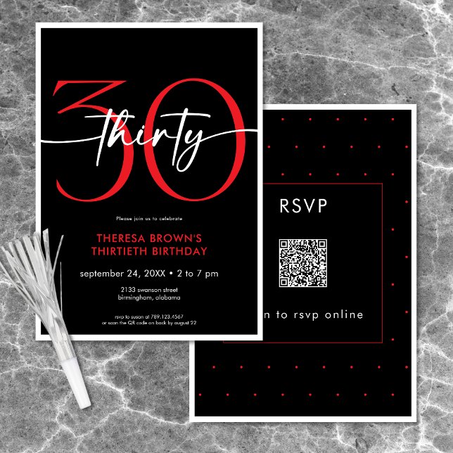 Modern Minimal Red Thirty Script Birthday QR Invitation (Modern Minimal Red Thirty Script Birthday QR Invitation)