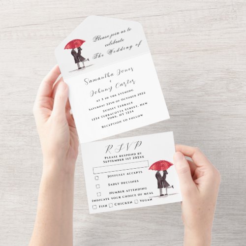 Modern Minimal Red Umbrella Couple Rustic Wedding All In One Invitation