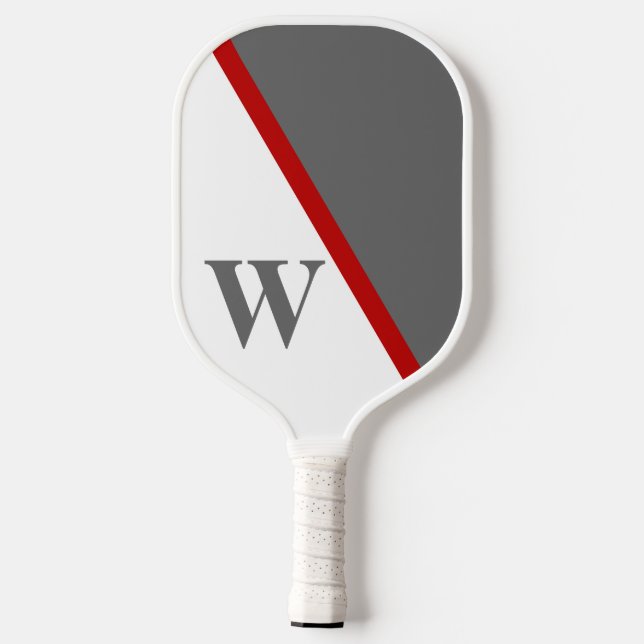 Modern Minimal Red White & Gray Monogram Pickleball Paddle (Back)