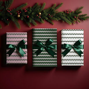 Modern Minimal Retro Wavy Green & Pink Stripe Wrapping Paper Sheets