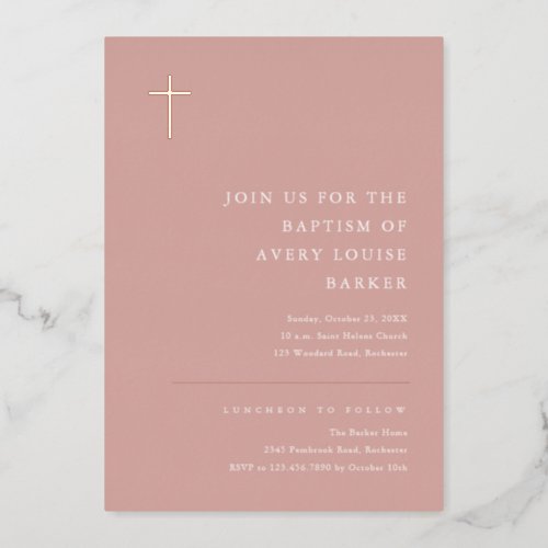 Modern Minimal Rose Gold Cross Baptism Foil Invitation