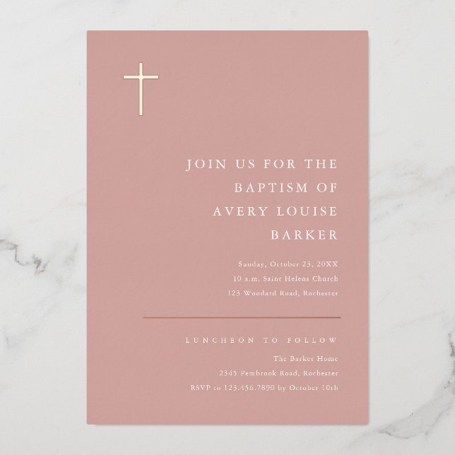 Modern Minimal Rose Gold Cross Baptism Foil Invitation (Front)