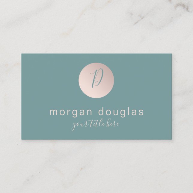 Modern minimal rose gold green monogram  business card (Front)
