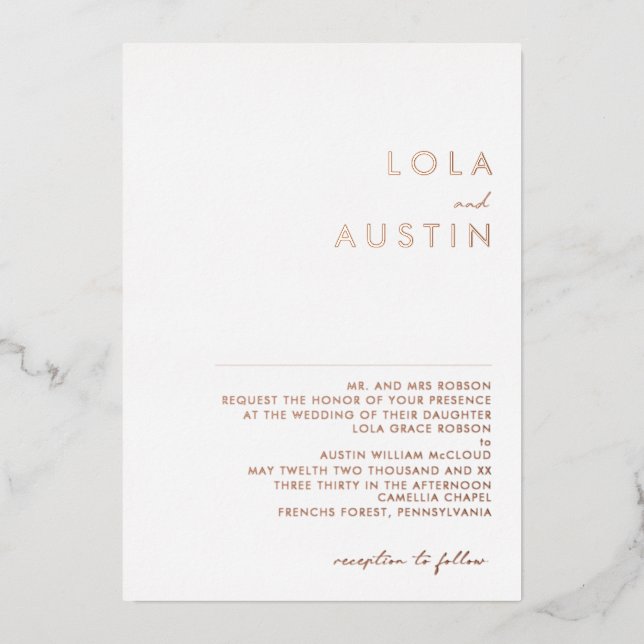 Modern Minimal Rose Gold Traditional Wedding Real Foil Invitation (Front)