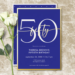 Modern Minimal Royal Blue Fifty Script Birthday Foil Invitation
