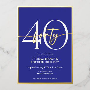 Modern Minimal Royal Blue Forty Script Birthday Foil Invitation