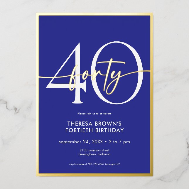 Modern Minimal Royal Blue Forty Script Birthday Foil Invitation (Front)