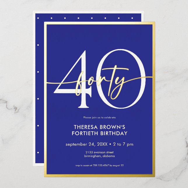 Modern Minimal Royal Blue Gold Script Birthday Foil Invitation (Front/Back)
