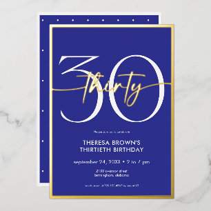Modern Minimal Royal Blue Thirty Script Birthday Foil Invitation