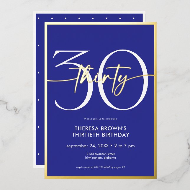 Modern Minimal Royal Blue Thirty Script Birthday Foil Invitation (Front/Back)