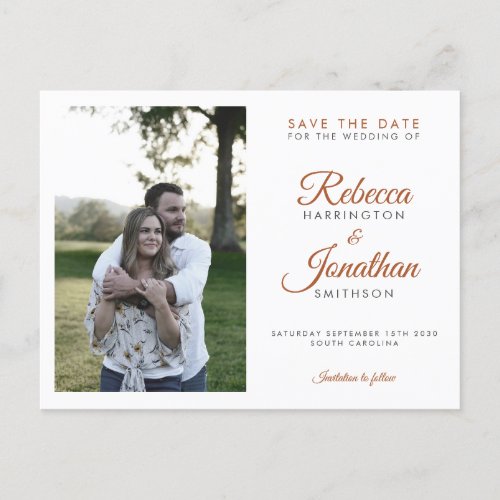 Modern Minimal Rust Photo Wedding Save The Date Invitation Postcard