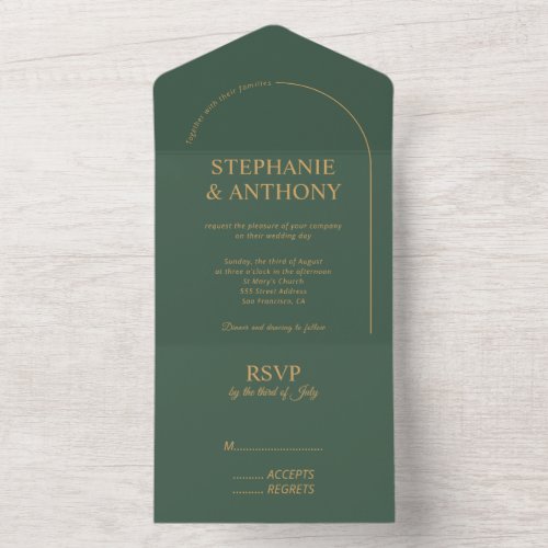 Modern Minimal Sage and Gold with Arch Wedding    All In One Invitation