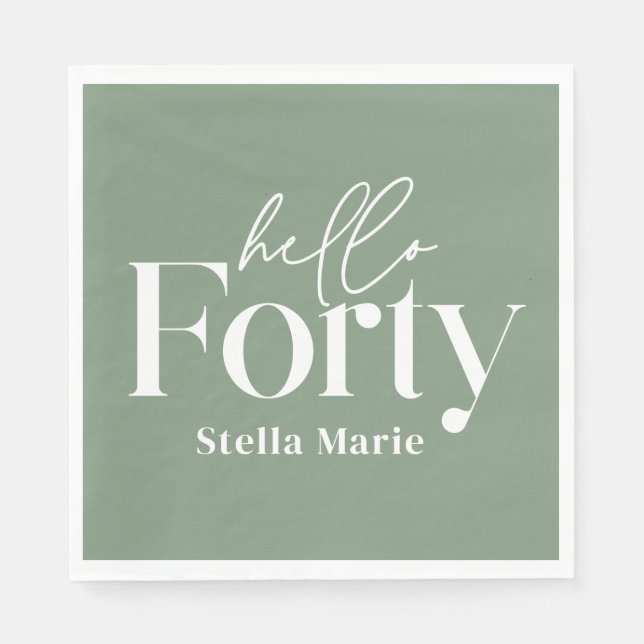 Modern minimal sage green 40th birthday decor napkins (Front)