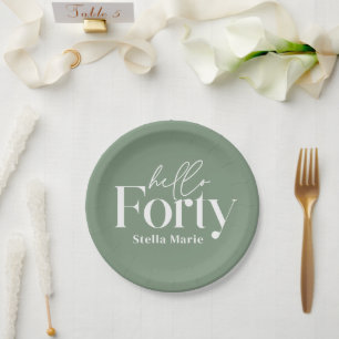 Modern minimal sage green 40th birthday decor paper plates