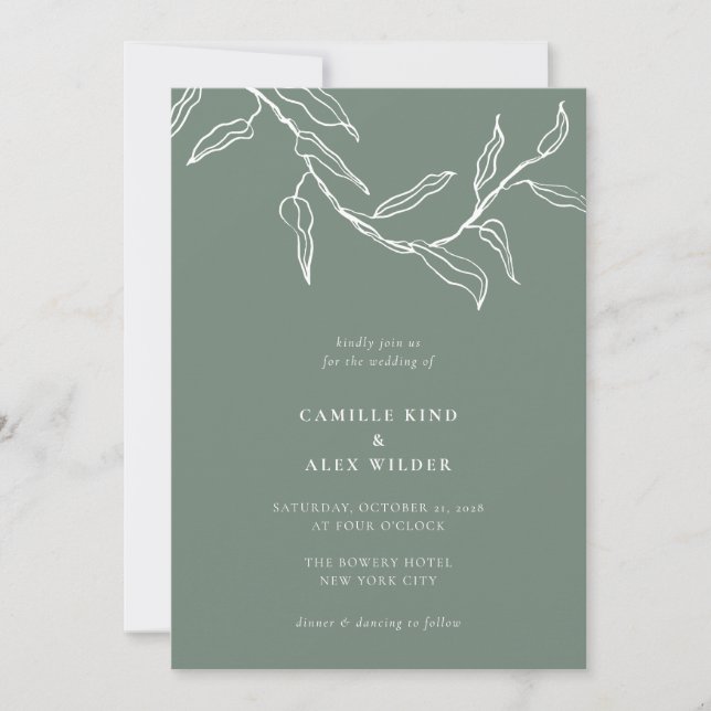 Modern Minimal Sage Green Botanical Leaves Wedding Invitation (Front)