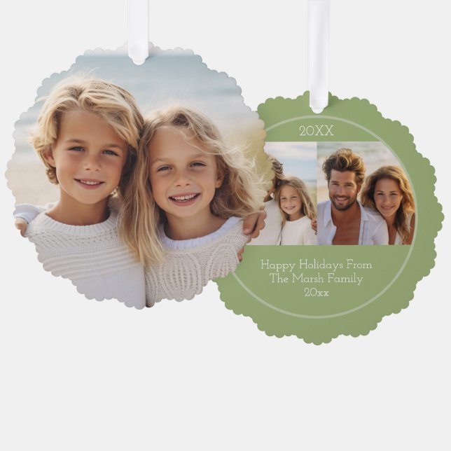 Modern Minimal Sage Green - Christmas 3 Photo Ornament Card (Front/Back)