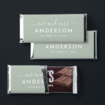 Modern Minimal Sage Green Personalized Mr and Mrs Hershey Bar Favors<br><div class="desc">Custom wedding Hershey's Miniatures candy favors displays a a modern and minimal "Mr and Mrs" script monogram design that can be personalized with your married last name in all caps sans serif text. Chic design features simple wedding date text and a thank you message appears on the back. The classic...</div>