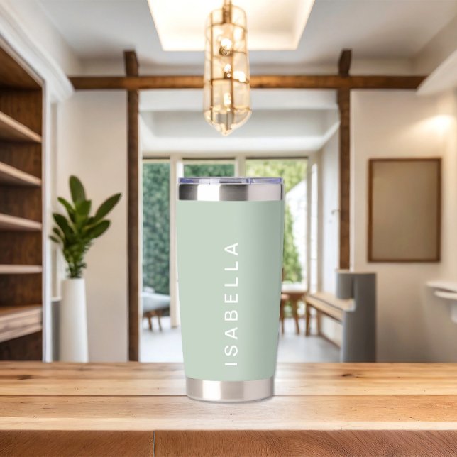 Modern Minimal Sage Green Personalized Name Insulated Tumbler (Creator Uploaded)