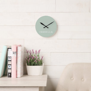 Modern Minimal Sage Green Personalized Name Round Clock