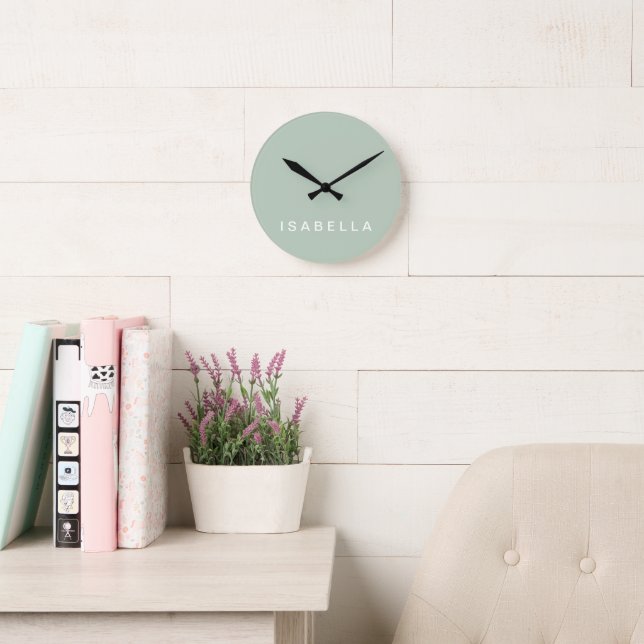 Modern Minimal Sage Green Personalized Name Round Clock (Reading Room)