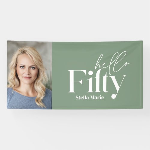 Modern minimal sage green photo 50th birthday banner