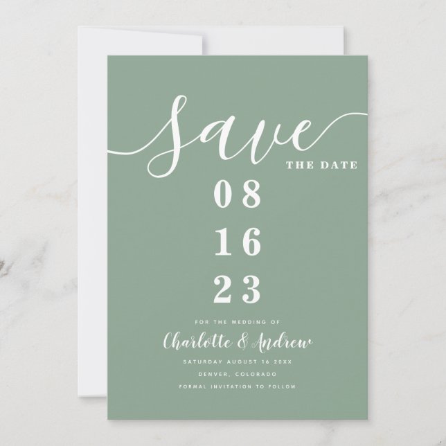Modern Minimal Sage Green Save The Date Invitation (Front)