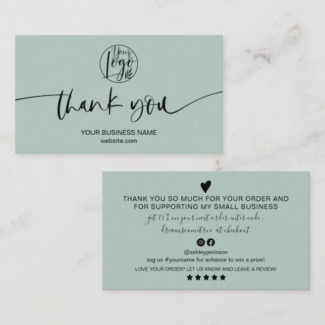 Modern minimal sage green script order thank you business card | Zazzle