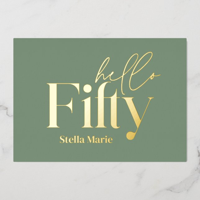Modern minimal sage green simple 50th birthday foil invitation (Front)