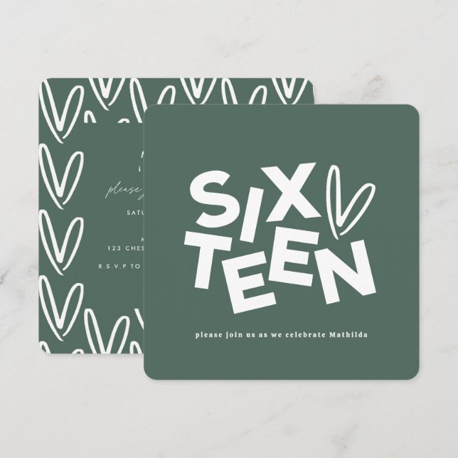 Modern minimal sage green typography 16th birthday invitation (Front/Back)