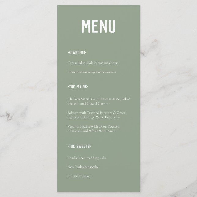 Modern Minimal Sage Green Typography Wedding Menu (Front)