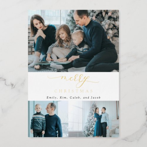 Modern Minimal Script 3 Photo Merry Christmas Foil Holiday Card