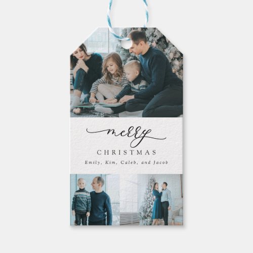 Modern Minimal Script 3 Photo Merry Christmas Gift Tags