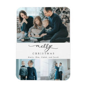 Modern Minimal Script 3 Photo Merry Christmas Magnet