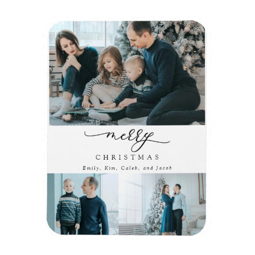 Modern Minimal Script 3 Photo Merry Christmas Magnet