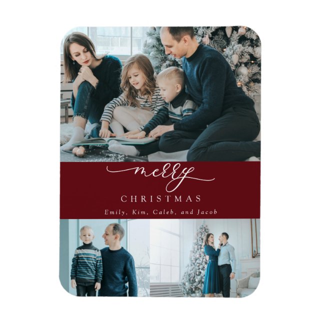 Modern Minimal Script 3 Photo Merry Christmas Red Magnet (Vertical)
