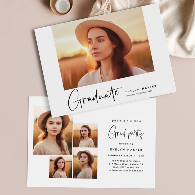 Modern Minimal Script 5 Photo Collage Graduation Invitation (Creator Uploaded)