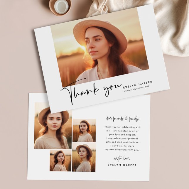 Modern Minimal Script 5 Photo Collage Graduation Thank You Card (Creator Uploaded)