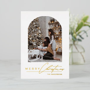 Modern Minimal Script Arch Photo Gold Christmas Foil Holiday Card