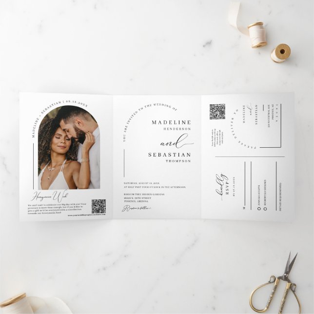 Modern Minimal Script Arch Photo QR Code Wedding Tri-Fold Invitation (Inside)
