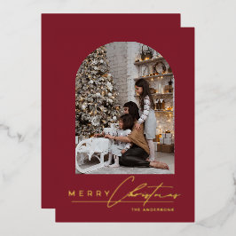Modern Minimal Script Arch Photo Red Christmas Foil Holiday Card
