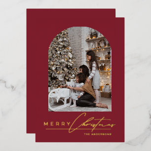 Modern Minimal Script Arch Photo Red Christmas Foil Holiday Card