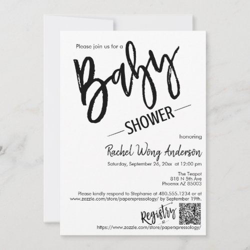 Modern Minimal Script Baby Shower QR Code Photo Invitation