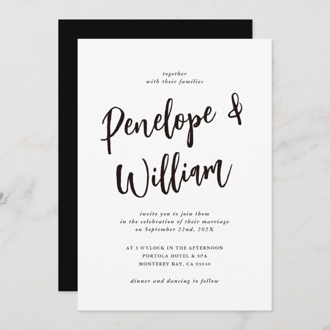 Modern minimal script black and white wedding invitation (Front/Back)