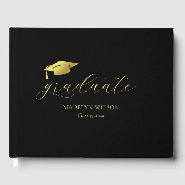 Modern Minimal Script Black Gold Graduation Party Guest Book (Front)