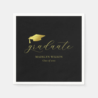 Modern Minimal Script Black Gold Graduation Party Napkins